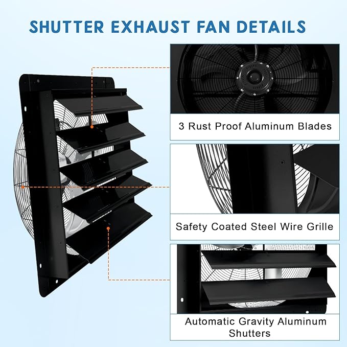 24" Wall Mounted Shutter Exhaust Fan, 3500 CFM Aluminum Blades, 1500 RPM High Speed Low Noise, Automatic Shutter Attic Fan with Exhaust and Intake for Home Attic Garage Greenhouse Shed Basement,Black