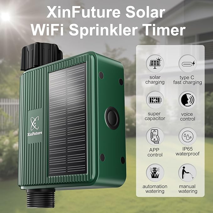 WiFi Solar Sprinkler Timer with Flow Monitor, Water Timer for Garden Hose with Rain Delay, Manual& Automatic Watering System for Garden Hose Faucet, App& Voice Control, Irrigation Controller