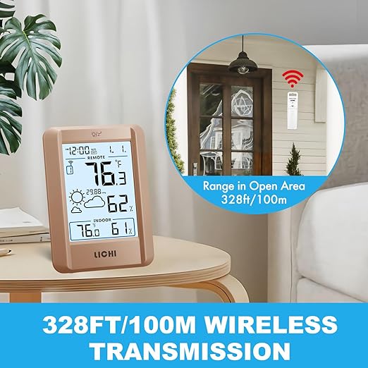 Indoor Outdoor Thermometer Wireless Weather Station External Thermometer Hygrometer Monitor with 330ft Range Remote Sensor, Battery Operated Backlit Display (Khaki)