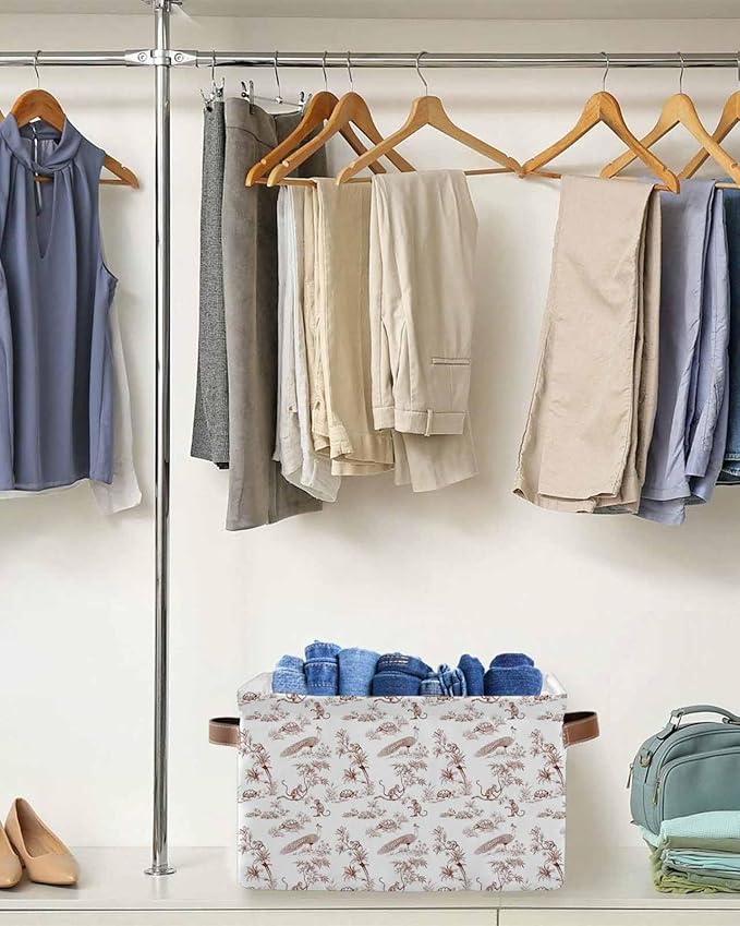 Farmhouse Monkey Storage Bins Cubes Waterproof Cloth Storage Basket,Vintage Brown Plants Rustic Turtles Peacock Foldable Storage Bags for Shelf Closet Clothes Organizers with Handles 15x11x9.5 in 1PCS
