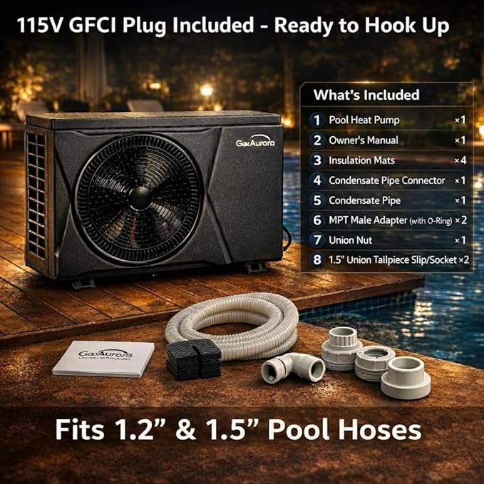 35,000 BTU/h Pool Heat Pump Heater with Wi-Fi App Control, 115V Plug & Play, Titanium Heat Exchanger, Quiet High-Efficiency Heating for Above-Ground/Small Inground Pools up to 9,000 Gallons