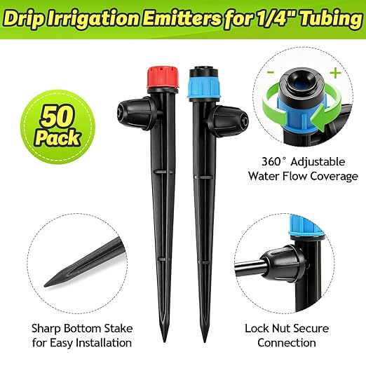 50pcs Drip Emitters with Stake for 1/4" Irrigation Tubing, Adjustable 360 Degree Water Flow Irrigation Vortex Sprayers & Stream Emitters On 5" Stake Garden Irrigation Dripper System