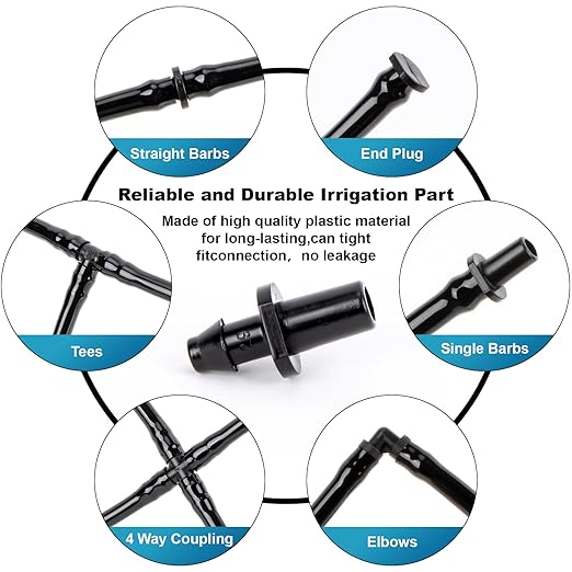 RAINFLOW Drip Irrigation Fittings Kit 1/4 Inch – Barbed Connectors, Tees, Elbows, End Plugs and Couplings, Tool-Free Drip Irrigation Parts for Garden, Greenhouse and Lawn Watering Systems