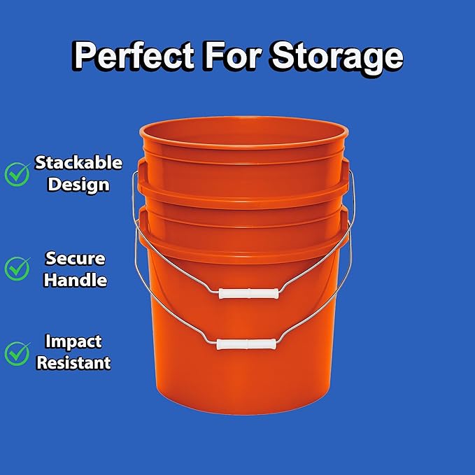 MKS Plastics 5-Gallon Bucket with Airtight Lid – Made in USA, Food Grade BPA Free Plastic, Heavy Duty Multi-Use, Metal Handle with Grip, Stackable Storage – Orange, 6 Pack