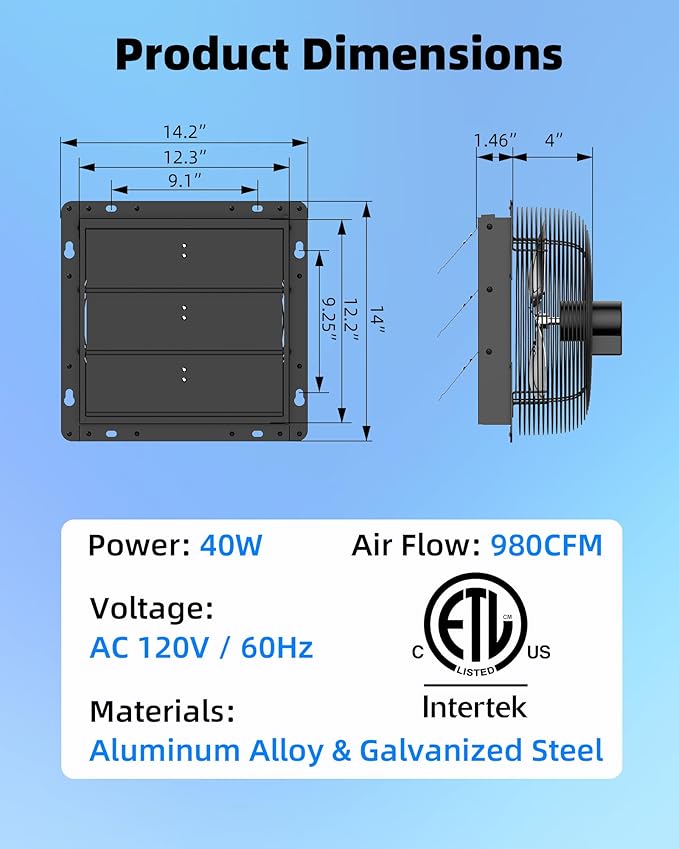 12 Inch Upgraded Shutter Exhaust Fan with Thermostat & Remote Control, Automatic On/Off by Temperature, 980 CFM Wall Mounted Garage Fan for Attic, Greenhouses, Sheds, Chicken Coops & Shops