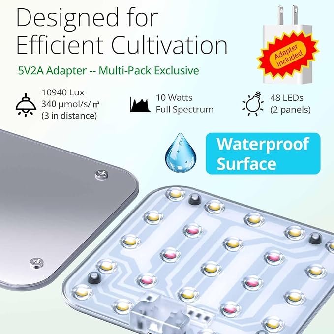 DOMMIA Full Spectrum LED Grow Light for Indoor Plants, 2 Panels 10W with 6/12/16h Timer Dimmable Plant Lights for Flower Veg Plant Growth USB, Bluish White, 2-Pack