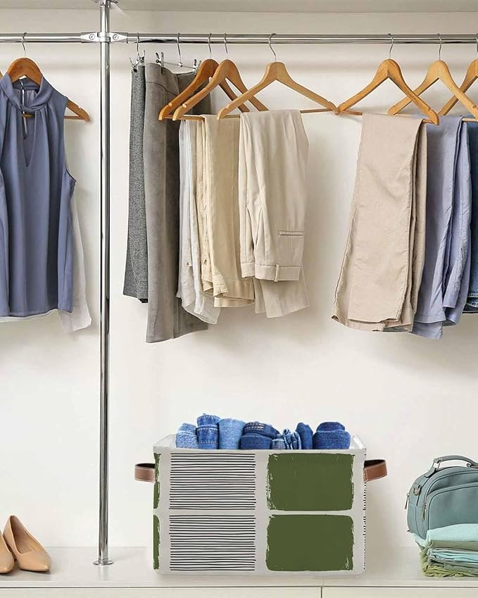 Sage Green Storage Bins Cubes Waterproof Cloth Storage Basket,Modern Painting Farmhouse Striped Abstract Art Foldable Storage Bags for Shelf Clothes Storages Organizers with Handles 15x11x9.5 in 1PCS