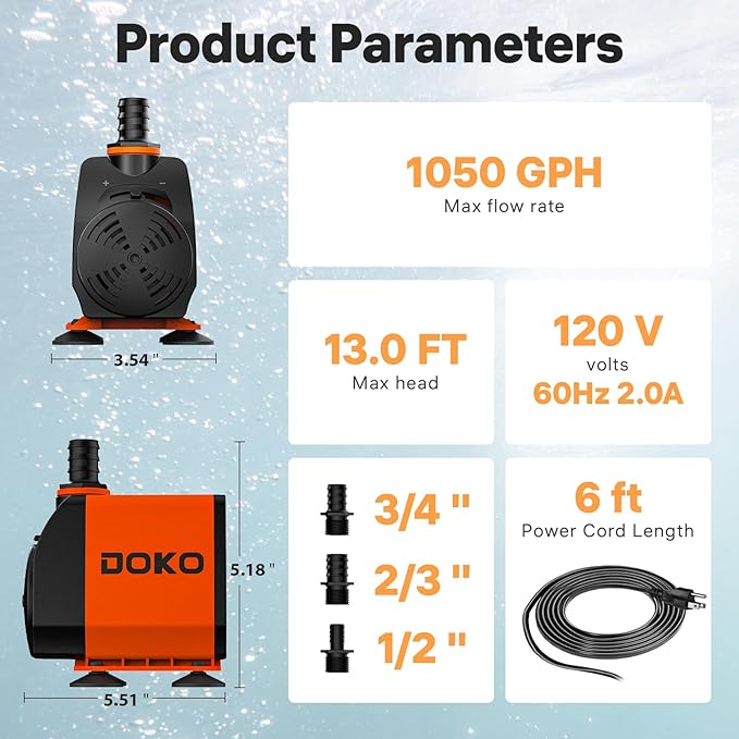DOKO 1050GPH Submersible Water Pump, 100W Ultra Quiet Fountain Water Pump with 13ft Head Lift, 6FT Power Cord & 3 Nozzles - for Ponds, Aquariums, Waterfalls, Fish Tanks & Hydroponics