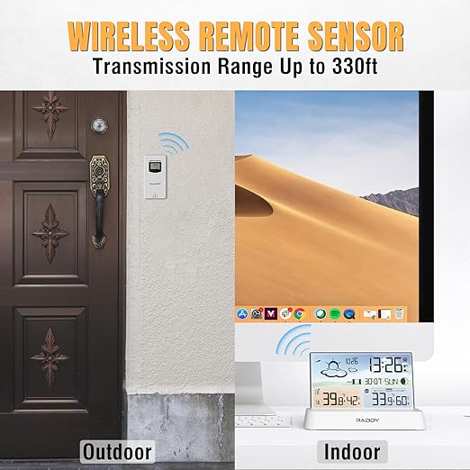 Raddy DT6 Weather Station Indoor Outdoor, Atomic Clock, Digital Color Display Indoor and Outdoor Thermometer Hygrometer, Home Weather Station with Weather Forecast and Barometer