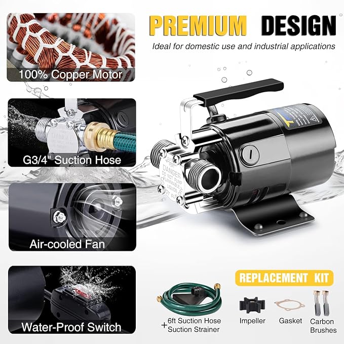 Trupow 1/10HP 330GPH 115-Volt Mini Portable Electric Utility Sump Transfer Water Pump with ON/OFF Switch and Water Hose Kit