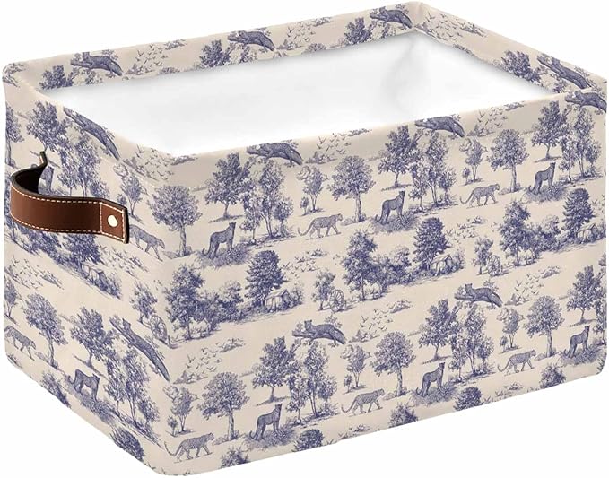 Tiger Leopard Storage Bins Cubes Waterproof Cloth Storage Basket, Farmhouse Retro Nature Forest Trees Animals Foldable Storage Bags for Shelf Closet Clothes Organizers with Handles 15x11x9.5 in 1PCS