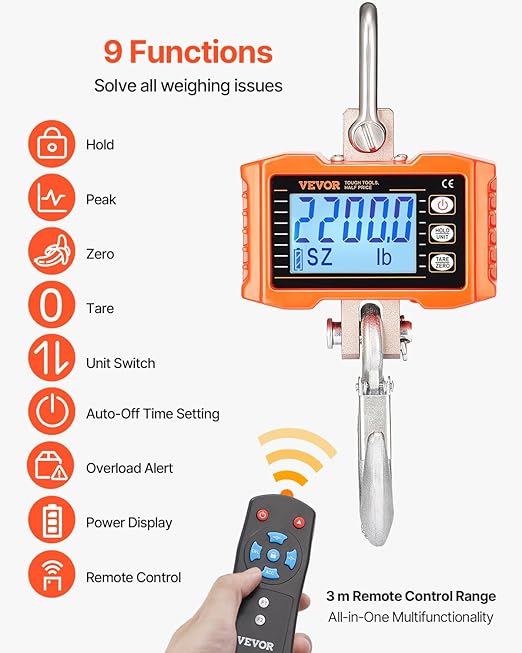 VEVOR Digital Crane Scale, 2200 lbs/1000 kg, Industrial Heavy Duty Hanging Scale with Remote Control, Cast Aluminum Case & LCD Screen, High Precision for Construction, Factory, Farm, Hunting (Orange)
