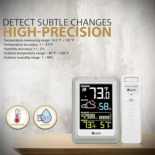 Indoor Outdoor Thermometer Wireless Weather Stations, with 330ft Range Sensor and Adjustable Brightness Inside Outside Temperature Humidity Monitor (Multi)