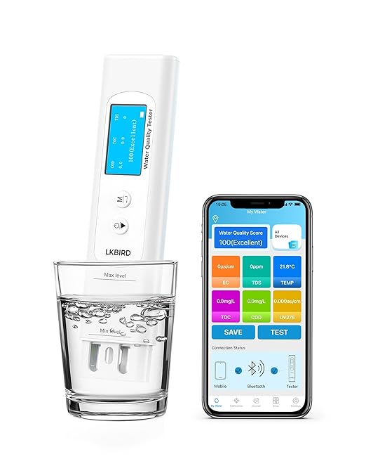 6-in-1 Smart Water Tester for Drinking Water with APP Monitoring, Digital Water Testing Kit for TDS Meter, EC, Temp, TOC, COD, UV275, Professional Water Tester for Home, Well, Tap & Outdoor.