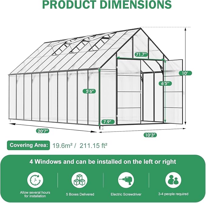CDCASA 10x20 FT Greenhouse for Outdoors, Large Easy Assembly Polycarbonate Greenhouse Thicker Aluminum Greenhouses w/4 Vents Windows, Swing Door, Ouside Walk-in Green House for Backyard,Garden