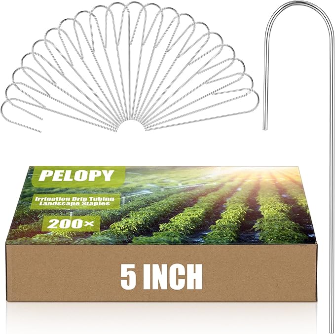 Pelopy 200 Pcs 5/8" Irrigation Drip Tubing Stakes 5 in J-Shaped Landscape Staples Garden Drip Line Stakes Soaker Hose Pins for Lawn Plant Yard Fence Ground Drips Systems, Sliver