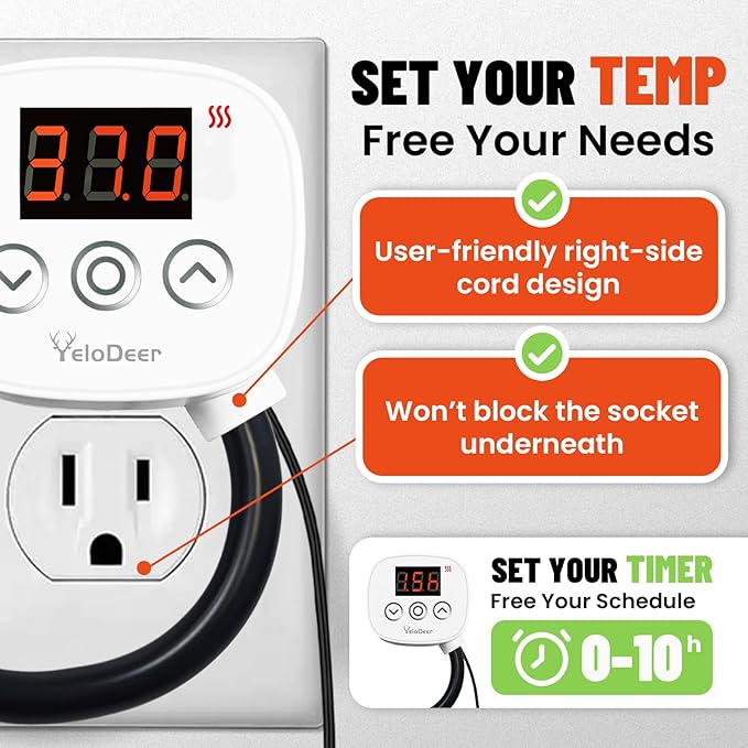 Digital Temperature Controller Outlet, Plug in Thermostat Switch 34-140°F, Timer Range 0h-10h,for Pipe Heating Reptile Greenhouse Aquarium Brewing Seedling Breeding and Hatching 110-120V 10A