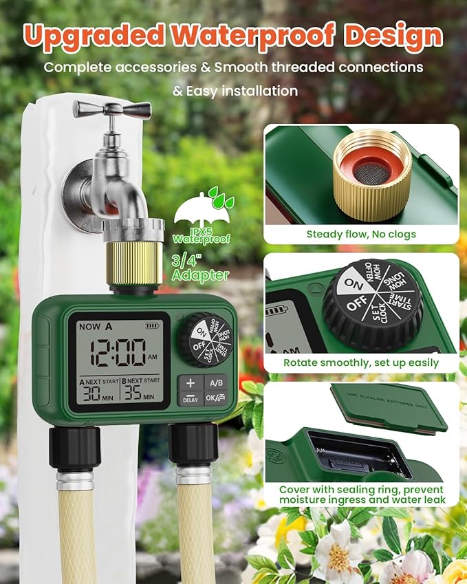 2 Zones Brass Inlet & Outlet Water Timer for Outdoor Garden Hose, Sprinkler Timer for Garden Faucet with Auto/Manual/Rain Delay Mode, Sprinkler Irrigation Controller for Yard Lawn