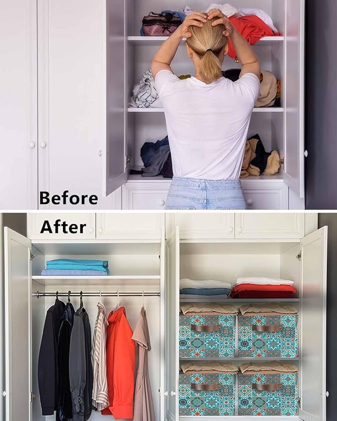 Retro Middle Century Storage Bins Cubes Waterproof Cloth Storage Basket,Rustic Bohemia Style Aztec Blue Foldable Storage Bags for Shelf Clothes Storages Organizers with Handles 15x11x9.5 in 1PCS