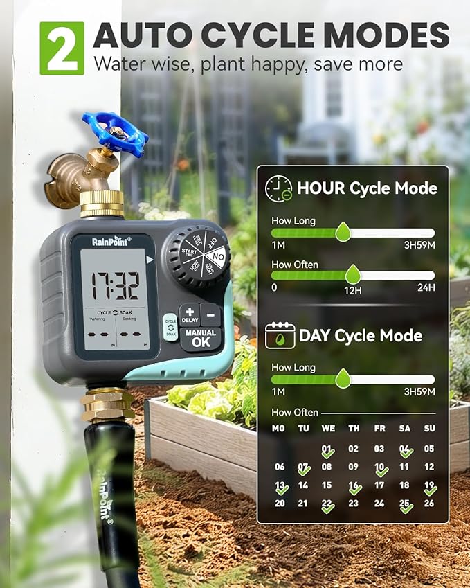 RAINPOINT Sprinkler Timer for Garden Hose - Hose Timer with Cycle & Soak/Rain Delay/Automatic Watering/Manual Watering, Programmable Irrigation System with Large Display, Brass Inlet & Outlet