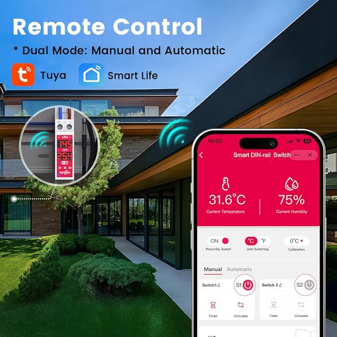 TONGOU WiFi Smart Temperature Humidity Controller Switch, DIN Rail Dry Contact Output,Tuya/ Smart Life Remote Temperature Humidity Monitor, for Electrical Cabinet/ Greenhouse Incubator, FCC Certified