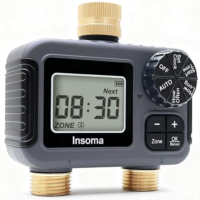 Insoma 2 Outlets Sprinkler Timer with Brass Inlet & Outlet, Water Timer for Garden Hose with Auto/Manual Modes + Rain Delay, Hose Timers for Garden, Yard Lawn, IPX5 Waterproof & Save Water
