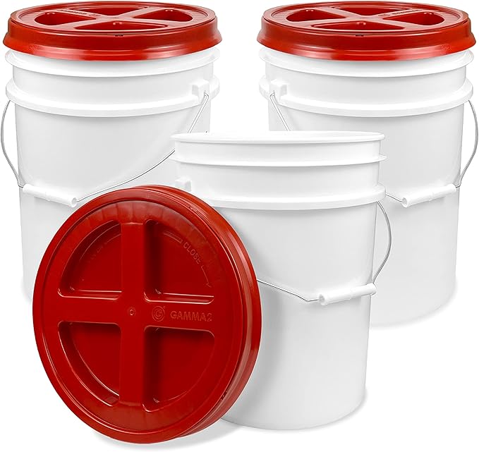 ePackageSupply 5 Gallon Bucket - Food Grade Bucket with Airtight Gamma Seal Screw-On Lid, BPA-Free, Heavy-Duty 90 Mil HDPE Plastic, Bulk Storage, Durable Container, Made in USA, White/Red, 3 Packs