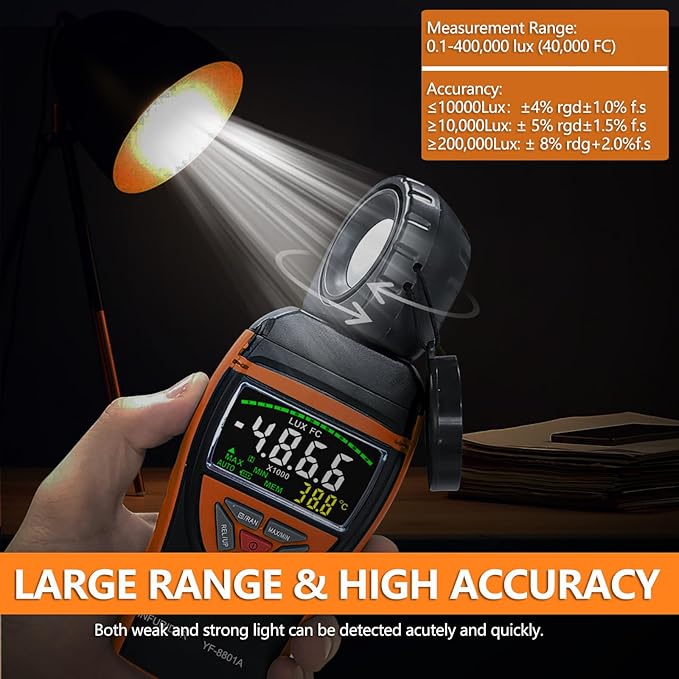 HOLDPEAK Light Meter, Digital Lux Meter 0.1-400,000 Lux, 270º Rotatable Detector, Large Color Backlit Display, Illuminance Meter Temp Luxmeter Lumen Meter for Photography 8801A