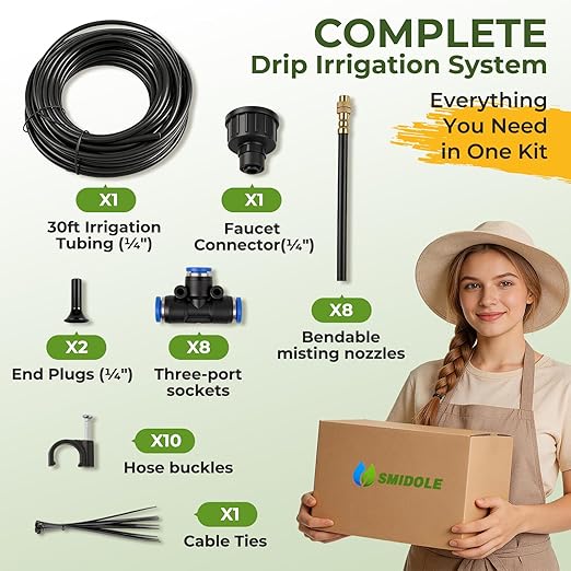 Drip Irrigation Kit for Garden 30FT, 360° Adjustable Watering System with 1/4" Tubing, Brass Misting Nozzles, DIY Micro Irrigation System for Potted Plants, Patio, Greenhouse