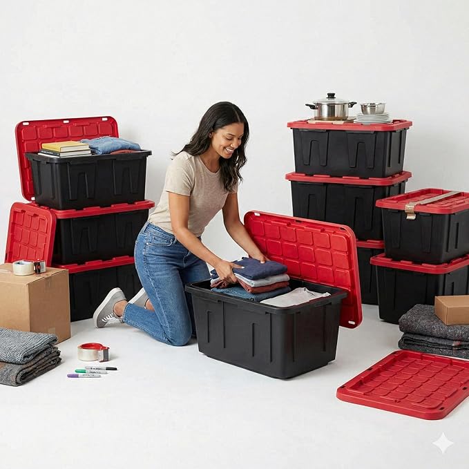 27 Gallon Heavy Duty Storage Bins with Lids – Stackable Industrial Plastic Totes for Garage Organization, Moving, and Attic Storage – Lockable Snap-Fit Container, Black/Red (1 Pack)