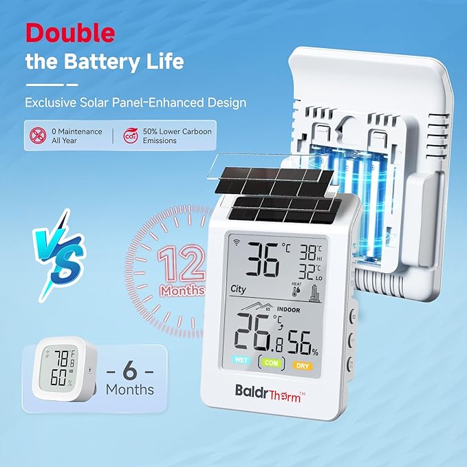 BaldrTherm WiFi Bluetooth Thermometer Hygrometer, Solar Boost, WiFi Remote Monitoring, Smart Alerts (Black Ice), City Temp Sync for Home/Baby Room/Plant Room, 2pack