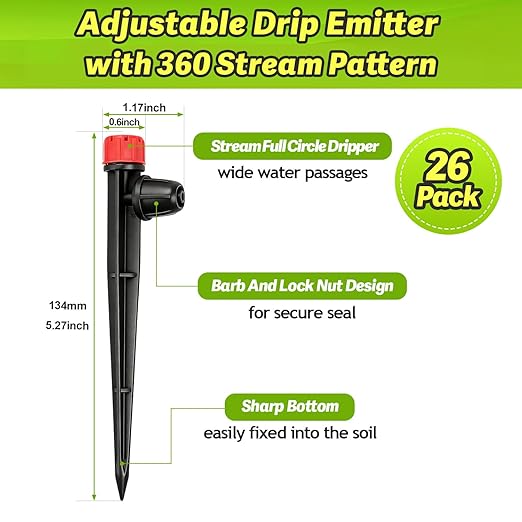 26pcs Drip Emitters for 1/4" Irrigation Tubing, Easy Connect Adjustable 360 Degree Water Flow Irrigation Sprayer On 5" Stake for 4/7mm Tube Locked Irrigation Drippers for Garden Flower Plant