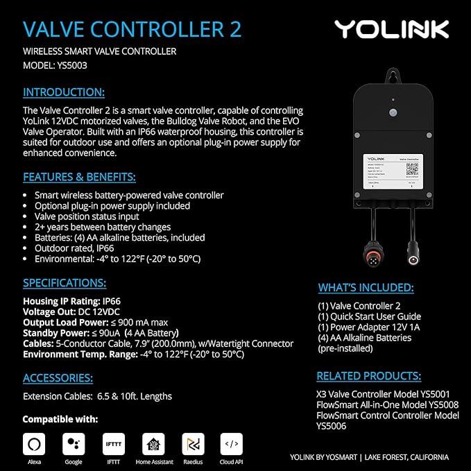 YoLink Wireless Smart Valve Control Kit, 1" Brass Motorized Valve, Wireless Controller 2, LoRa Long Range, D2D Offline with Leak Sensors, 12V Adapter with 2 Years Battery Backup