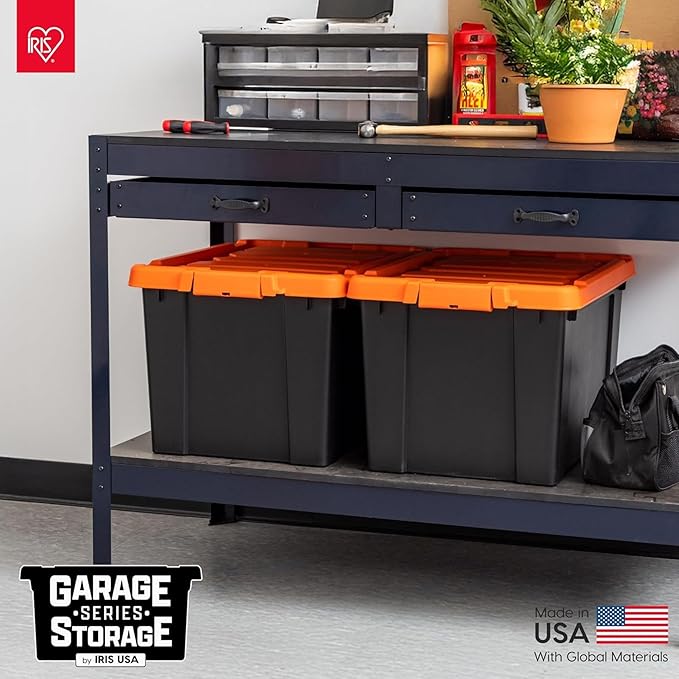 IRIS USA 20 Gallon Lockable Storage Bins with Lids, 2 Pack - Made in USA, Heavy Duty, Stackable Containers, Garage Organizing Bins Moving Tubs, Rugged Sturdy Equipment Utility Box - Black/Orange