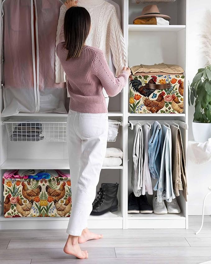 Rooster Floral Storage Bins Cubes Waterproof Cloth Storage Basket, Farmhouse Spring Flowers Butterflies Foldable Storage Bags for Shelf Closet Clothes Organizers with Handles 15x11x9.5 in 2PCS
