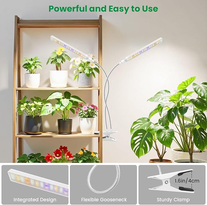 Aumtrly Plant Lights for Indoor Growing, 2 Head 114 LED Full Spectrum Clip on Grow Lights for Indoor Plants with 6/12/16H Timer, 5 Dimming, 3 Light Mode, White Gooseneck Grow Lamp