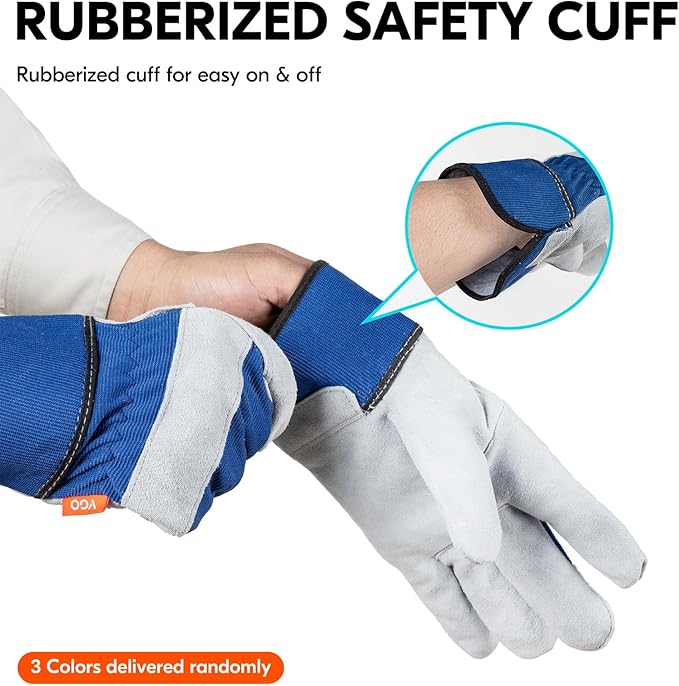 Vgo... Leather Palm Work Gloves for Men, Gardening Gloves, Builder Gloves (3 Pairs,Size M, 3colors, CB3501)