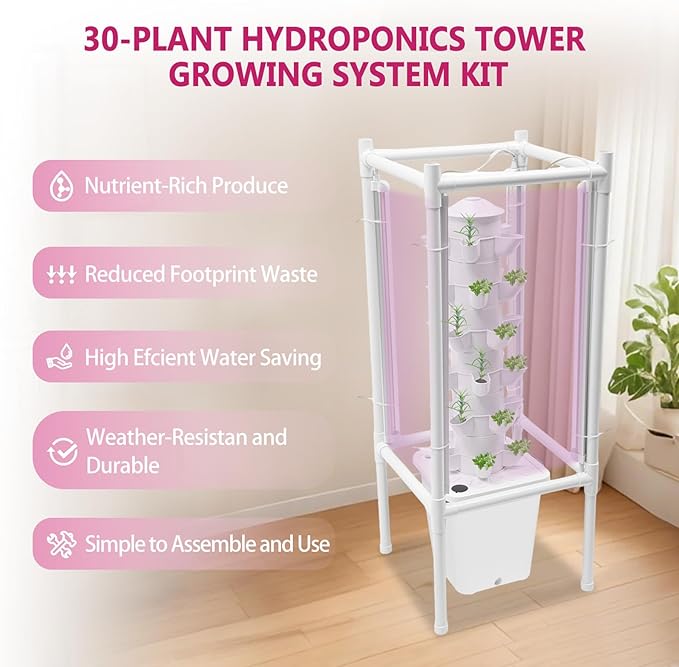 30-Plant Hydroponics Tower Vertical Growing System Kit, Indoor Garden Planter Herb Garden with LED Grow Light, Hose and Water Pump, Vertical Planter Germination Kit for Fruits Vegetables (White)