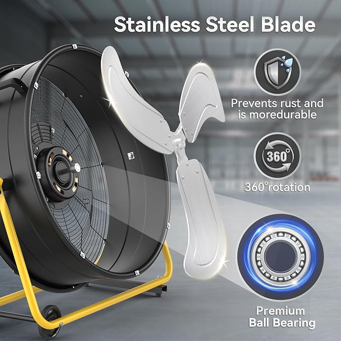 CCGIRU 24 Inches High Velocity Drum Fan, Heavy Duty Industrial Fan with UL Certification, 3 Speed, 8500 CFM, 360°Adjustable Tilting, Suitable for Garages, Store, Warehouses and Patio