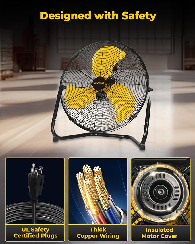 VENTISOL 18 Inch Portable Floor Fan, 3 Speed Metal Industrial Shop Fans with 360° Tilt, 4100 CFM High Velocity Heavy Duty Fan for Home Bedroom, Garage, Workshop