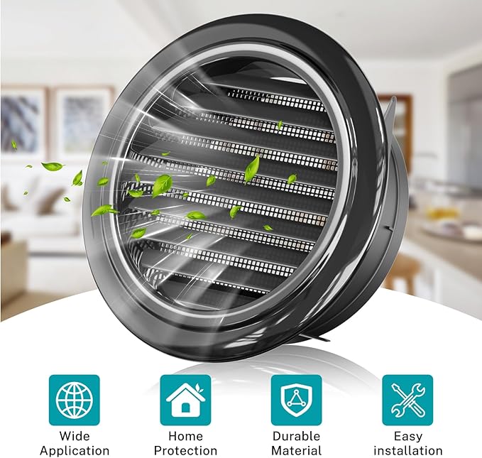 HG Power 8 Inch Soffit Vent, Black Round Vent Cover with Built-in Screen Mesh, ABS Louver Round Air Vent for Exhaust Fan, Inline Duct Fan, Bathroom, Kitchen, Garage Use, 200 mm