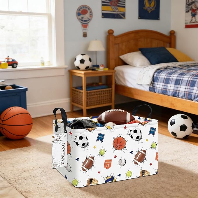 FANKANG Storage Bins,Nursery Hamper Canvas Laundry Basket Foldable with Waterproof PE Coating Storage Baskets for Boys and Girls, Office, Bedroom, Clothes,Toys(Rec-3D Sports Balls ）