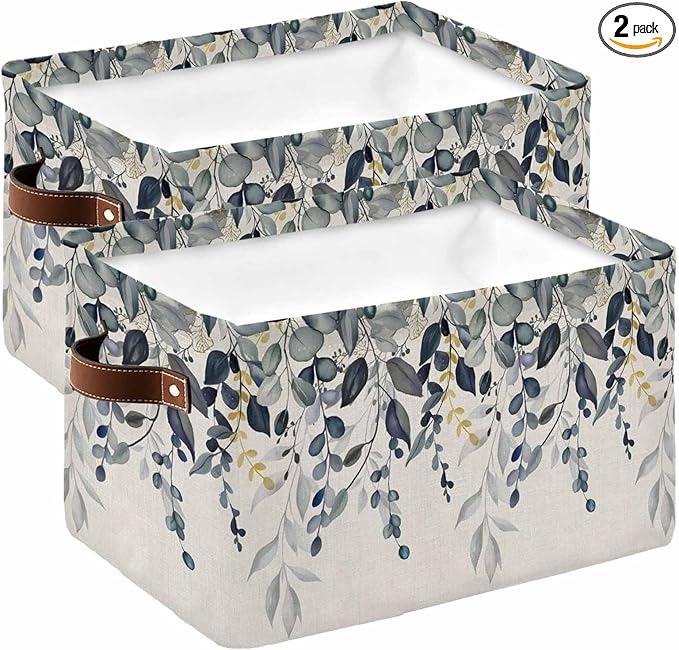 Blue Grey Eucalyptus Storage Bins Cubes Waterproof Cloth Storage Basket,Farmhouse Weeping Leaves on Linen Foldable Storage Bags for Shelf Clothes Storages Organizers with Handles 15x11x9.5 in 2PCS