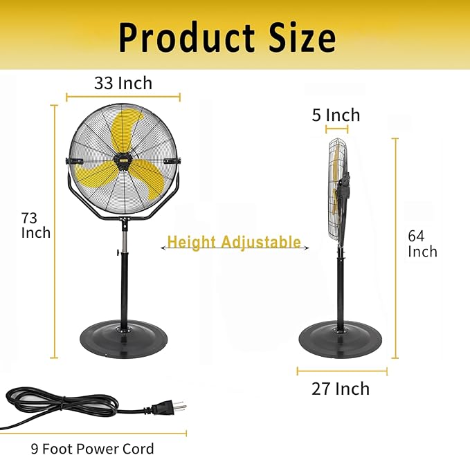 HiCFM 30 inch Tilting Pedestal Fan, 3-Speed 7600 CFM High Velocity Stand Up Fan with 1/3 Powerful Motor for Commercial Industrial Warehouse Gym Garage - UL Safety Listed