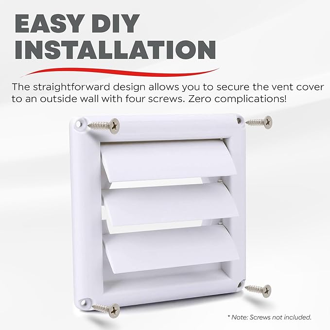 Deflecto Supurr-Vent 4” Outdoor Dryer Vent Cover White Louvered Wall Hood with Gravity Damper for Backdraft Prevention, Fits Standard 4” Dryer Exhaust Pipe, Weather & UV-Resistant, Durable 6"x6" Face