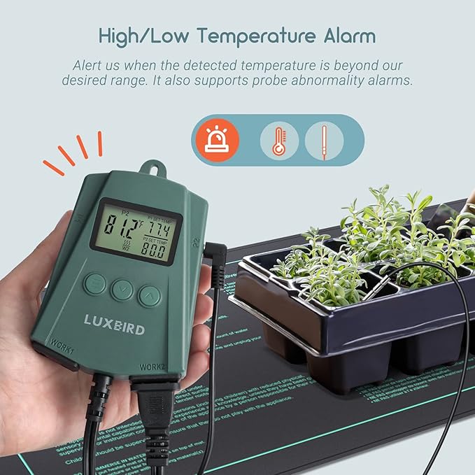 LUXBIRD LB-2SC Digital Heating Mat Thermostat Controller with 2 Probes and 2 Outlets for Seedlings, Germination, Reptiles, Brewing, Breeding, Incubation, Greenhouse (Max 250W per Outlet)