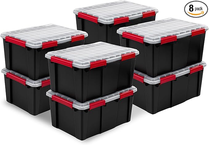 Sterilite 8 Pack Gasket Box, Stackable Plastic 20 Gallon Storage Container with Lids, Black - Waterproof and Dustproof Tote for Home Organization