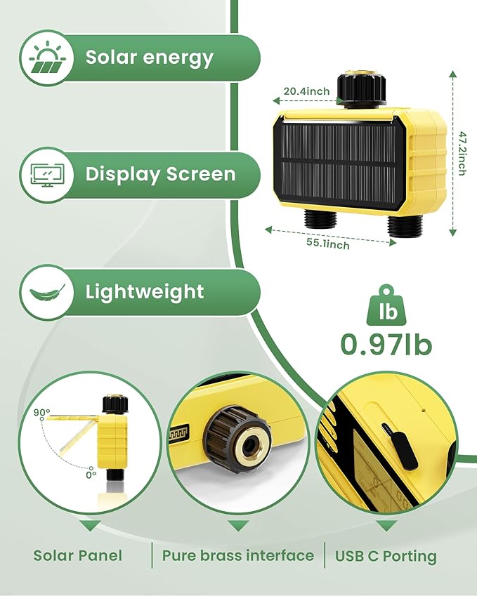 Sprinkler Timer, Solar Energy Water Timer for Garden Hose, Outdoor 2 Zone Hose with Rain Delay/Automatic/Manual Watering System, Digital Programmable Faucet Timing Irrigation for Lawn, Yard(No WiFi)