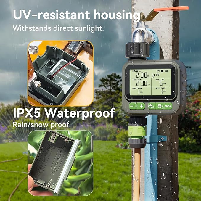 Sprinkler Timer for Garden Hose, Programmable Water Timer with 4 Custom Plans, Rain Delay & 2-Way Splitter, Digital Automatic Watering System for Yard, Lawn, Irrigation