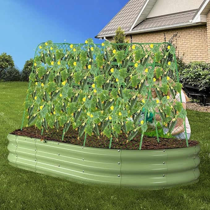 63" Tall Garden Trellis for Climbing Plants Outdoor Cucumber Trellis for Raised Beds Metal U-Frame Arch Tunnel Tomato Cage with Garden Netting for Garpes/Pea/Zucchini/Squash/Bean/Vines